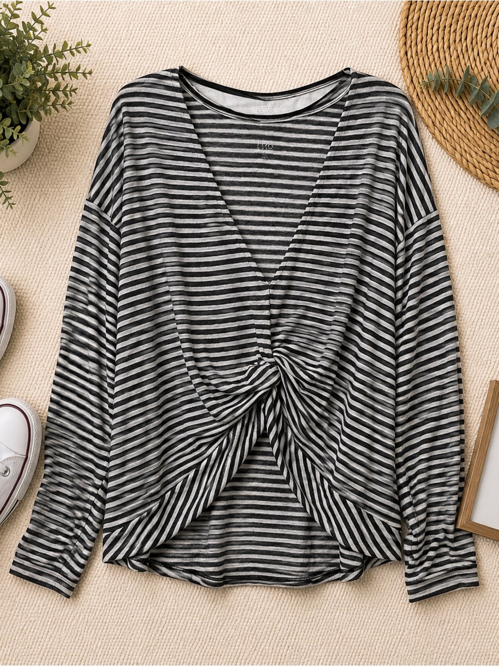 torrid Black & Gray Striped Twist-Front Off-the-Shoulder Sweater